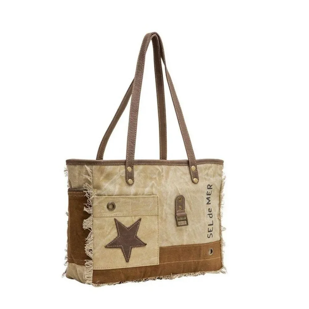 Myra Bag Handmade Spur Tote Bag Upcycled Canvas & Cowhide Leather